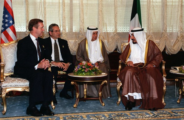Shaikh Jabber al-Ahmad al-Jabber Al-Sabah, in Kuwait City, meeting US Defence Secretary William Cohen 1998