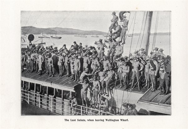 The Last Salute, when leaving Wellington Wharf, New Zealand for the boer war in South Africa 1900