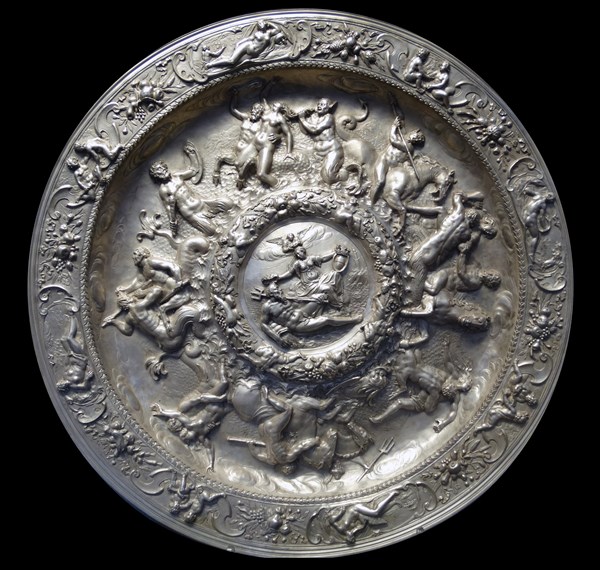 Lomellini Ewer and Basin, 1619 by a Flemish silversmith, active in Genoa. Silver, embossed and chased, with cast details. Genoa was an important maritime powers in the 17th century. This ewer (jug) an...