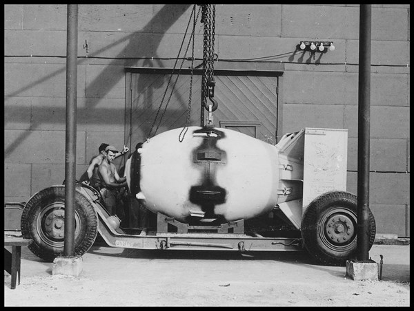 Fat Man on transport carriage, Tinian Island, 1945 'Fat Man' was the codename for the type of atomic bomb that was detonated over the Japanese city of Nagasaki by the United States on 9 August 1945.