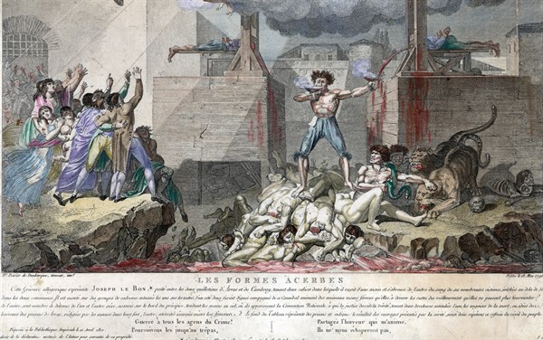 Joseph Le Bon, as a shirtless, crazed madman, standing on a pile of decapitated bodies between two guillotine