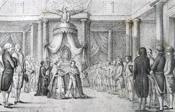 Illustration depicting King Joseph Napoleon swearing on the Constitution of Bayonne