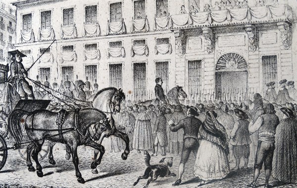 Illustration depicting the entrance of French soldiers into Madrid during the Peninsular War