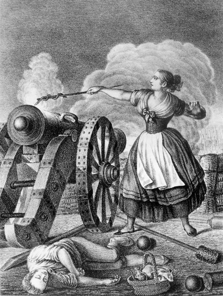 Engraving depicting Agustina Raimunda Maria Saragossa i Domènech firing a cannon