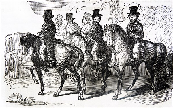 Engraving depicts men leaving central Aranjuez on horseback