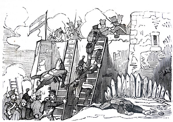 Engraving depicting the assault on Monjuich during the Peninsular War