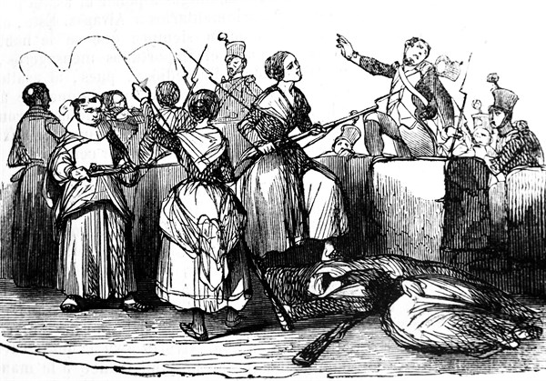 Engraving depicting a company of Gerona women rejecting the French in the wall