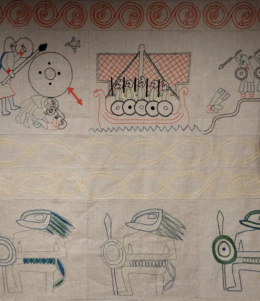 Anglo-Saxon (recreation) wall hanging showing ships and soldiers, English 8th Century