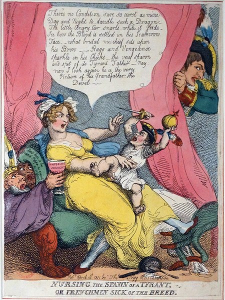 Hand-coloured etching titled 'Nursing the Spawn of a Tyrant' by Thomas Rowlandson