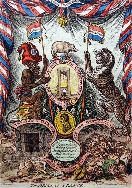 Hand-coloured etching titled 'The Arms of France' by James Gillray