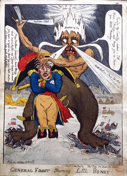 Hand-coloured etching titled 'General Frost Shaving Little Boney' by William Elmes