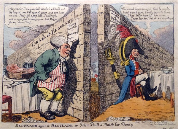 Hand-coloured etching titled 'Blockade Against Blockade' by Charles Williams