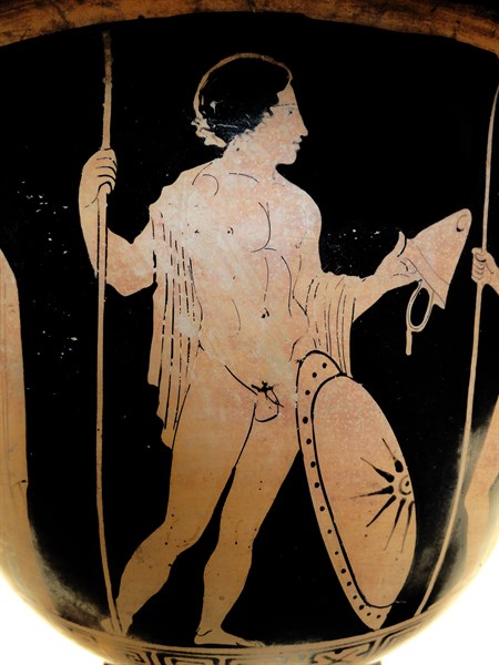 Red-figured bell-krater (wine-bowl) with an arming scene