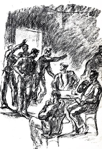 Falangist's entering canteen in the Spanish Civil War.