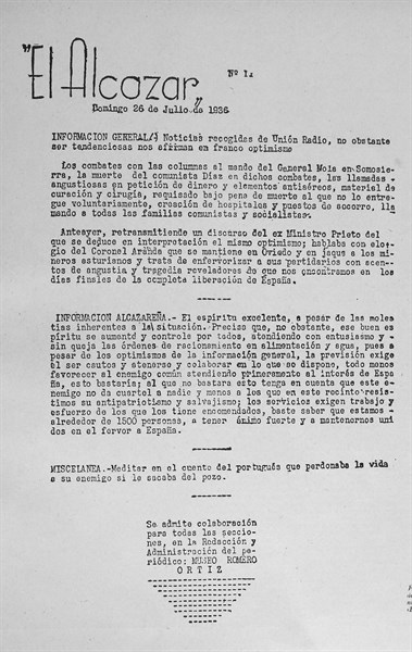 El Alcazar'. established in 1936 the paper was founded as the principal nationalist mouthpiece during the Siege of the Alcazar i