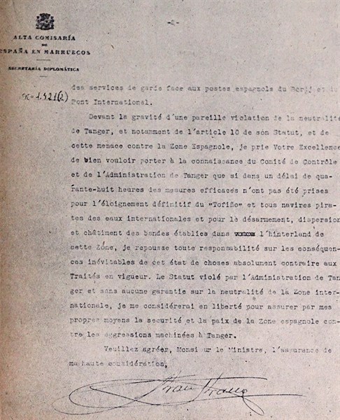 Message to te commander at Tangiers from Francisco Franco