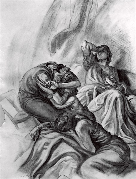 Illustration of a Spanish Civil War group of Civilians in despair