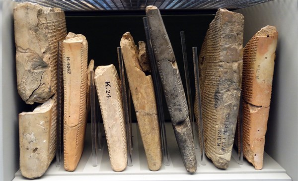 Assyrian cuneiform tablets stored in a museum