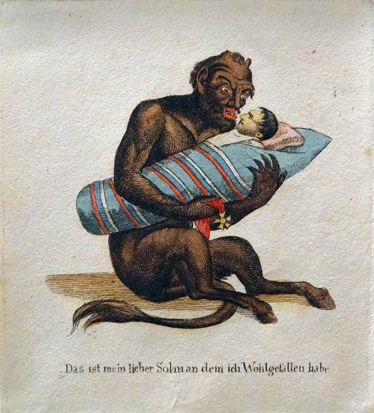 Hand-coloured etching titled 'Das ist mein lieber Sohn' by Anonymous