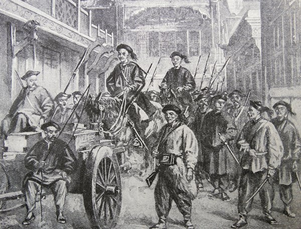 Engraving depicting the war indemnity transported and guarded into Tientsin