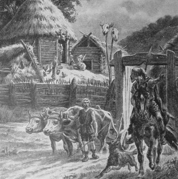 Engraving depicting the Stockade house of a German farmer during the 12th Century