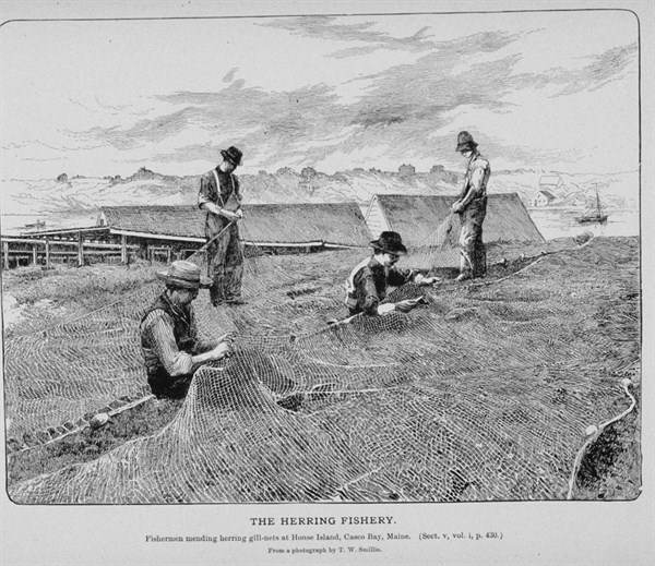 Fishermen mending herring gill-nets at House Island