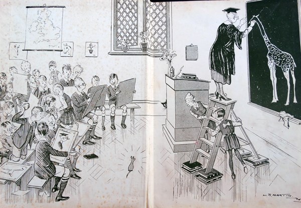cartoon of a teacher drawing on a blackboard while the class descends into chaos. 1930