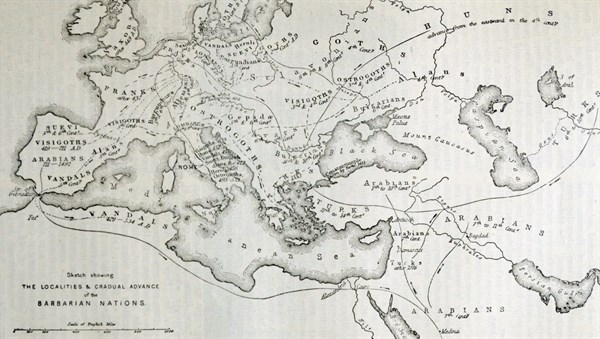 Map illustrating the localities of origin or occupation, and gradual advance of the Barbaric Nations