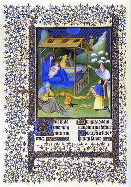 Illumination depicting the nativity from the Belles Heures of Jean de France
