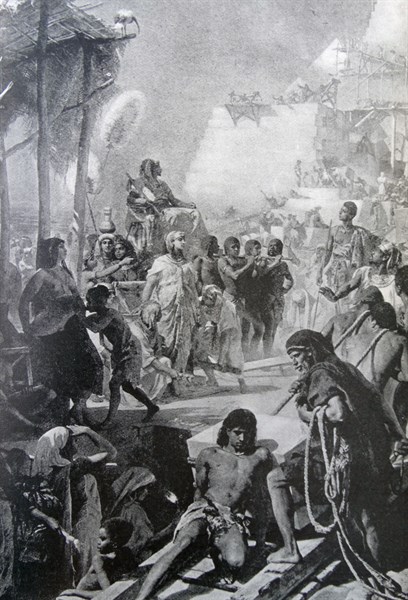 Painting depicting the construction of the pyramids in Egypt