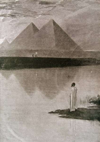 Illustration depicting an Egyptian looking out over the Nile toward the pyramids of Egypt