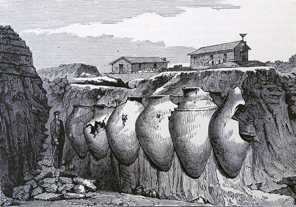 Engraving depicting a wine merchant's cellar in Ancient Troy