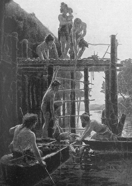 Lake-dwellers returning from the hunt in their dug-out canoes