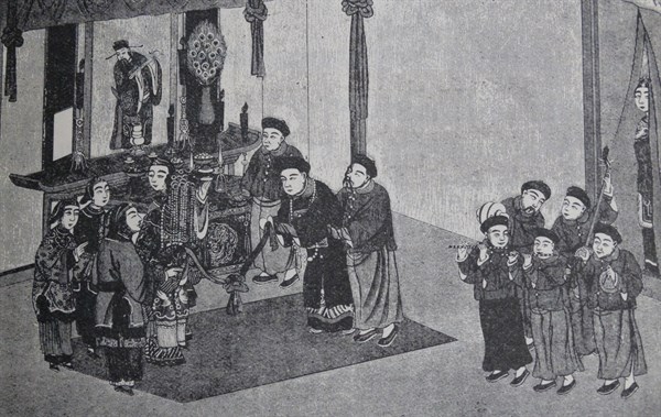 Tieing of a ribbon at a seventeenth century Chinese wedding