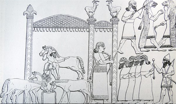 Woodcut depicting a camp scene in the days of Nineveh's Power