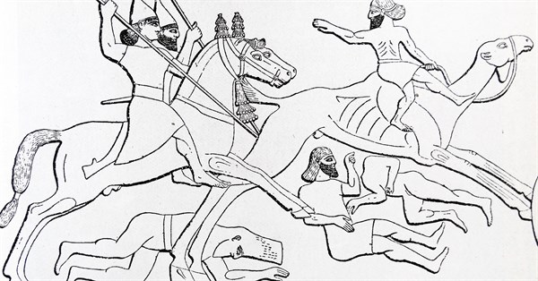 Woodcut depicting a chase in the desert during the days of Nineveh's Power