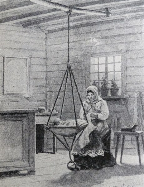 Russian peasant woman rocks a baby to sleep