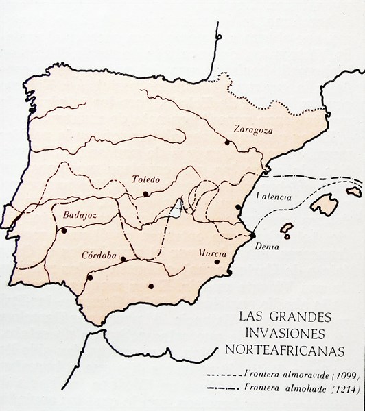 Map showing moslem invasions of Spain between 1099-1214 AD