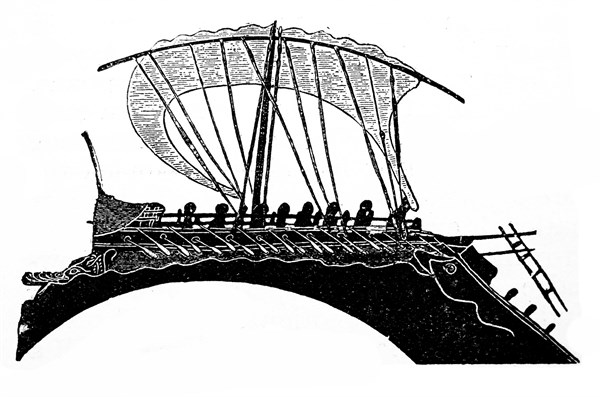 Greek Bireme ship repelling an attacking enemy ship 5th century BC