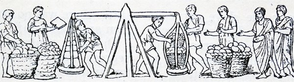 Drawing depicting Roman traders using weighing scales for baskets of goods
