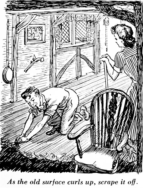 Illustration of a Carpenter treating a wooden floor