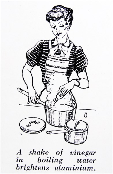 Illustration showing how to clean aluminium pots with vinegar