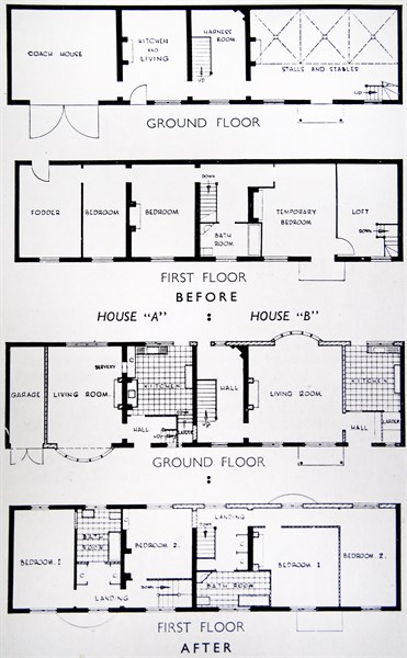 Floor plan of adjoined houses with stables and a coach house