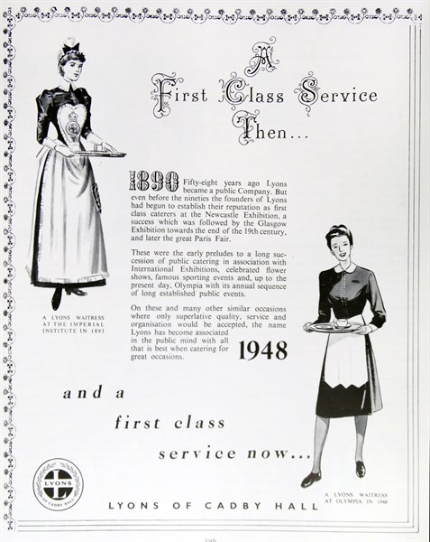 Advert for first class service of the Lyons Waitresses