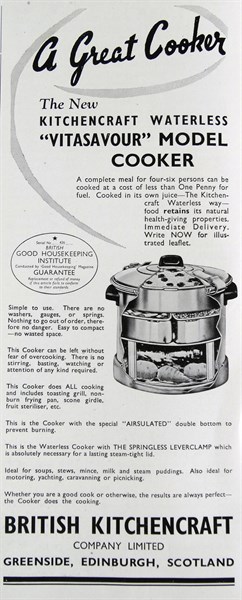 Advert for the 'new' kitchen craft waterless vitasavour model cooker
