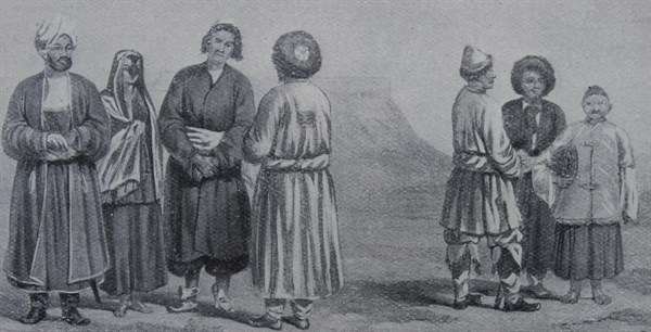 Illustration depicting the Ghilzai chieftain with tribesmen and hazara peasants of Ghazni