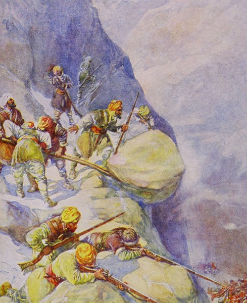 soldiers being crushed by rolling stones by Joseph Ratcliffe Skelton