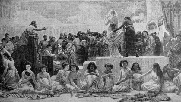 Painting depicting the slavery of women in the Babylonian Marriage Market