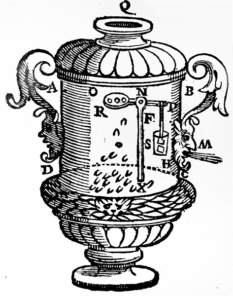 Hero's coin-in-the-slot machine. From gero Gli Artificiose e curioisi moti spiratale di Herone