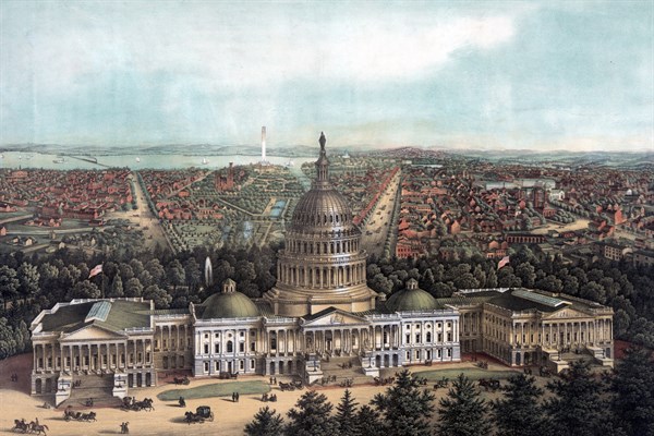 View of Washington City by Lithographer E Sachse & Co. Chromolithograph.